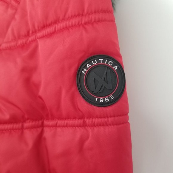 NAUTICA PUFFER COAT WOMENS MEDIUM RED BLACK FAUX FUR TRIM WATER RESISTANT NWT - Picture 6 of 12
